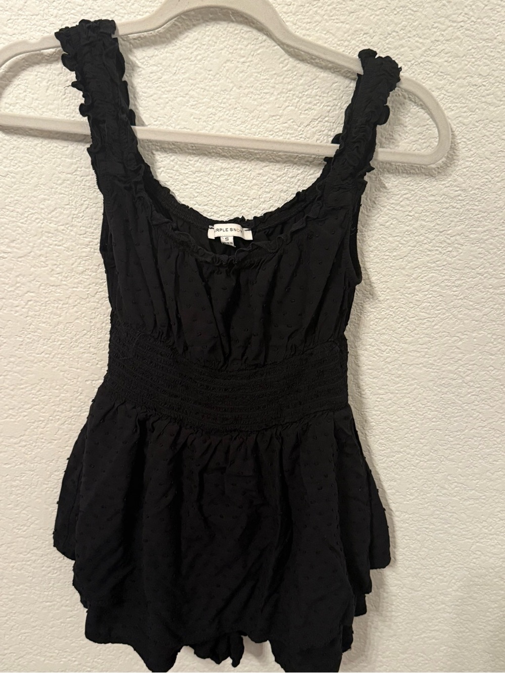 Purple Snow Women's S Black Swiss Dot Ruffle Romper Smocked Waist